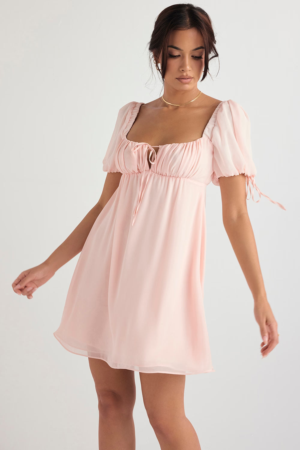 Light pink babydoll mini dress with puff sleeves, square neckline and tie front detail — House of CB | Endless UAE