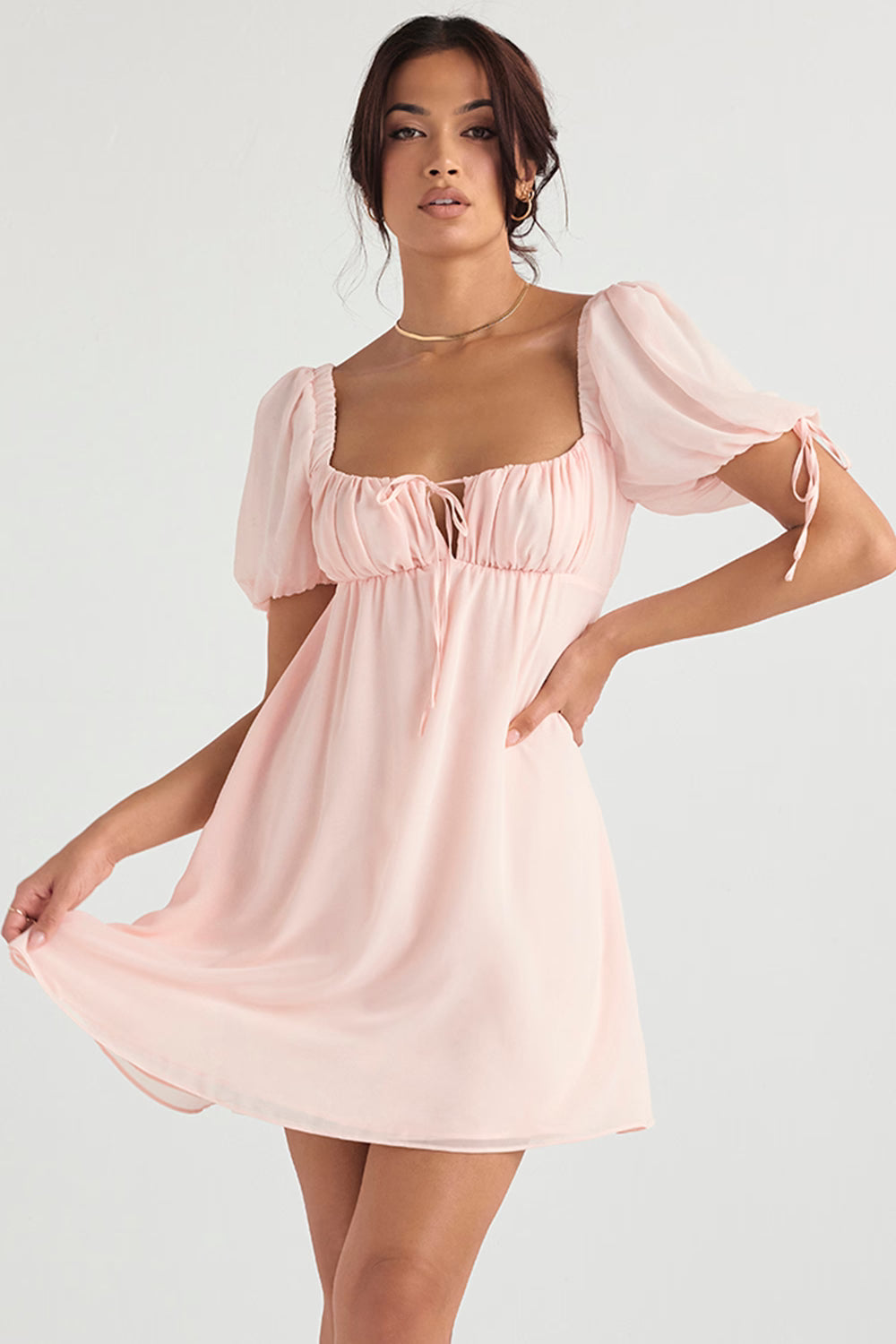 Soft pink babydoll mini dress with puff sleeves and sweetheart neckline — House of CB | Endless UAE