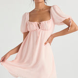 Soft pink babydoll mini dress with puff sleeves and sweetheart neckline — House of CB | Endless UAE