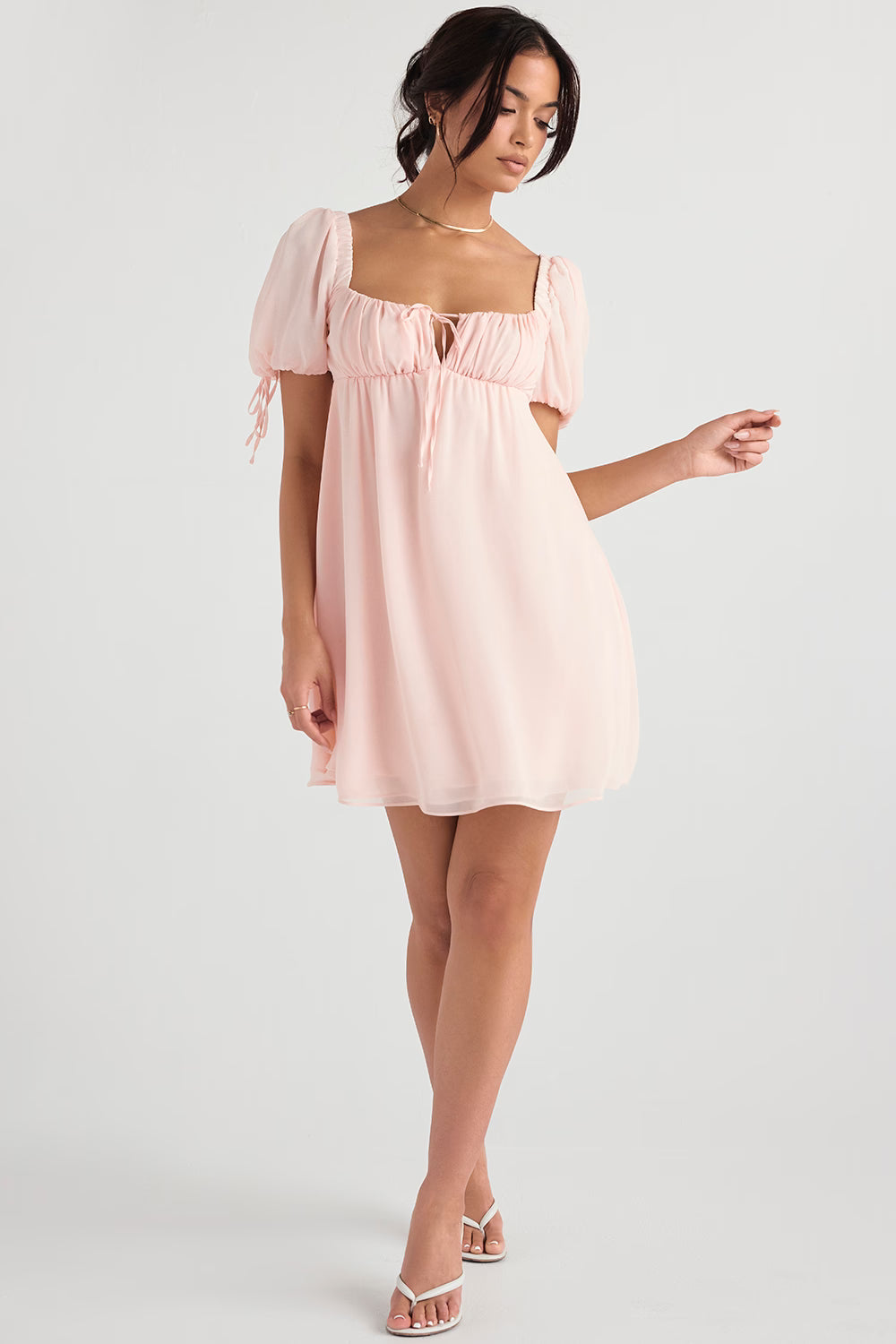 Soft pink babydoll mini dress with puff sleeves, square neckline and empire waist styling — House of CB | Endless UAE