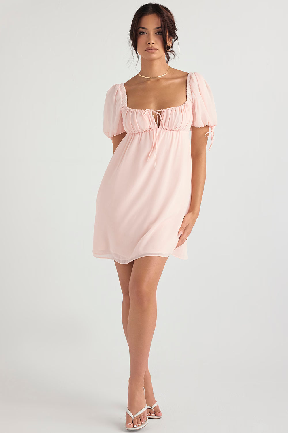 Pale pink empire waist mini dress with puff sleeves and square neckline — House of CB | Endless UAE