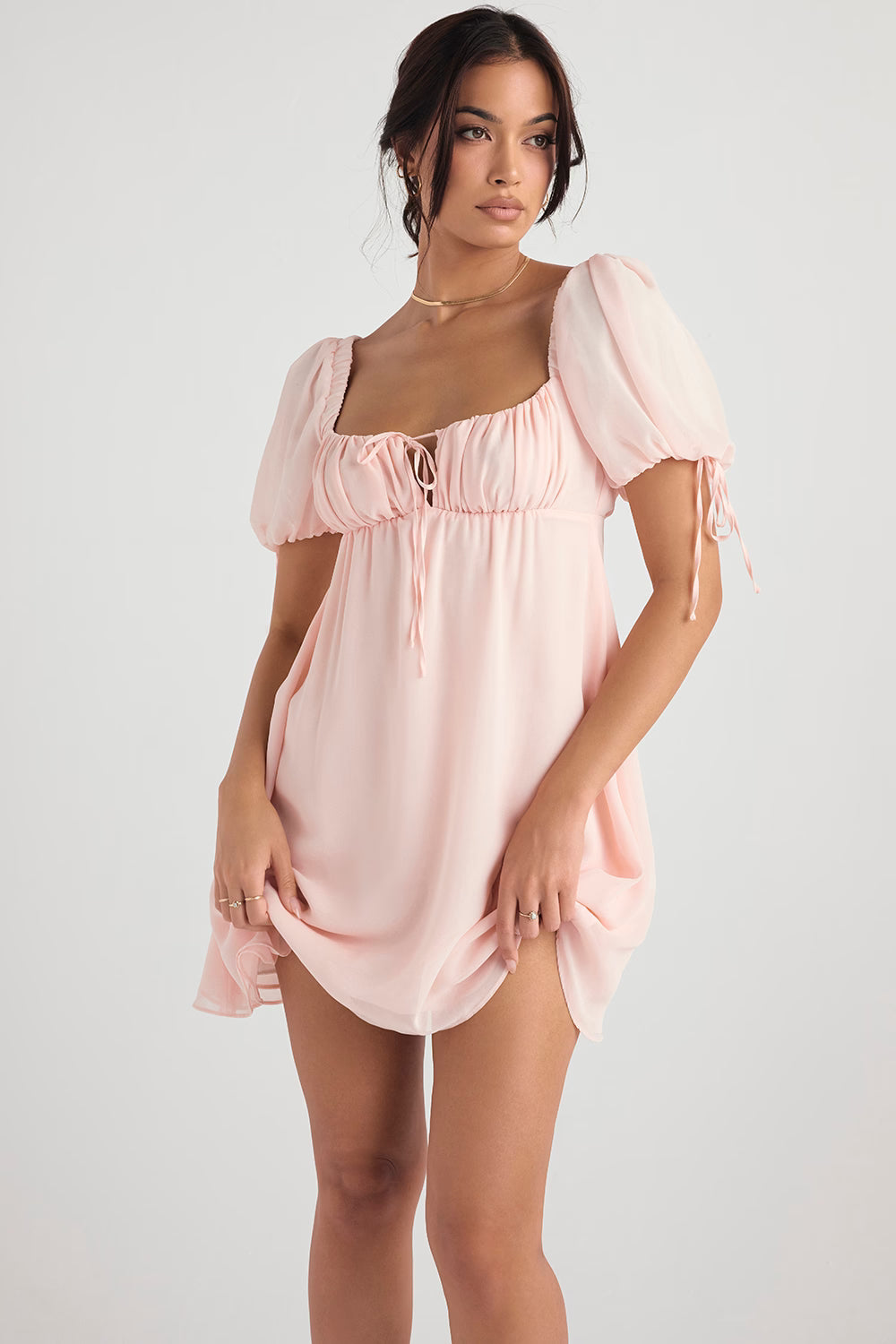 Soft pink babydoll mini dress with puff sleeves and sweetheart neckline — House of CB | Endless UAE