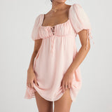 Soft pink babydoll mini dress with puff sleeves and sweetheart neckline — House of CB | Endless UAE