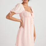 Soft pink mini dress with puff sleeves and empire waist in flowing chiffon fabric — House of CB | Endless UAE