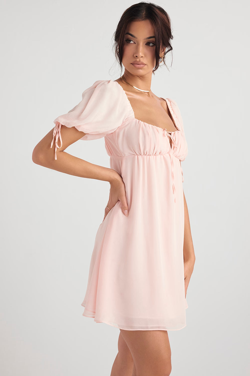 Soft pink mini dress with puff sleeves and empire waist in flowing chiffon fabric — House of CB | Endless UAE