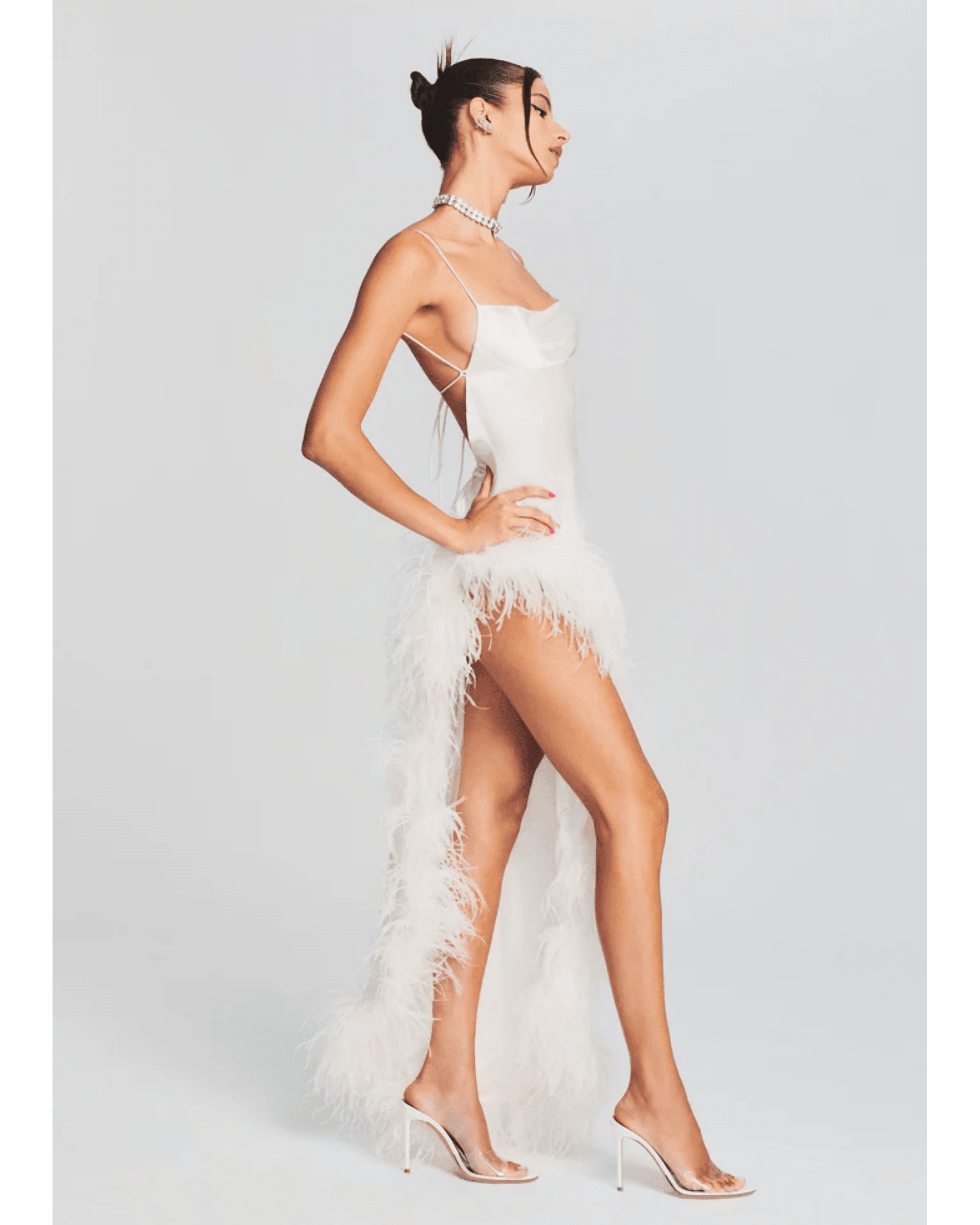 Priscilla Feather Dress in White - Endless - UAE Rental and Resale for Women's Fashion