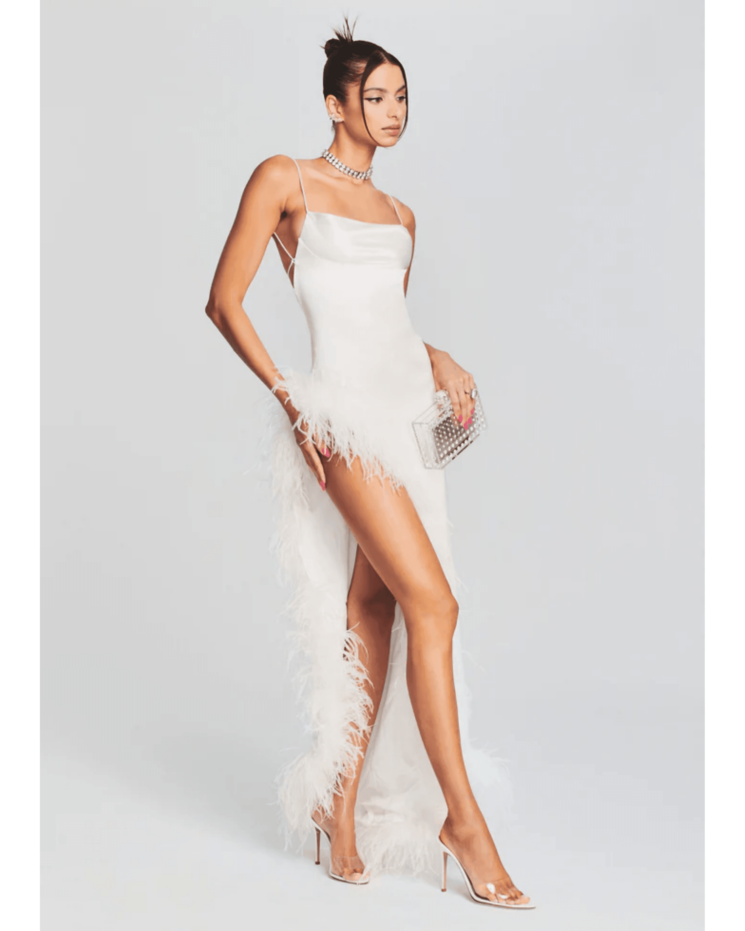 Priscilla Feather Dress in White - Endless - UAE Rental and Resale for Women's Fashion