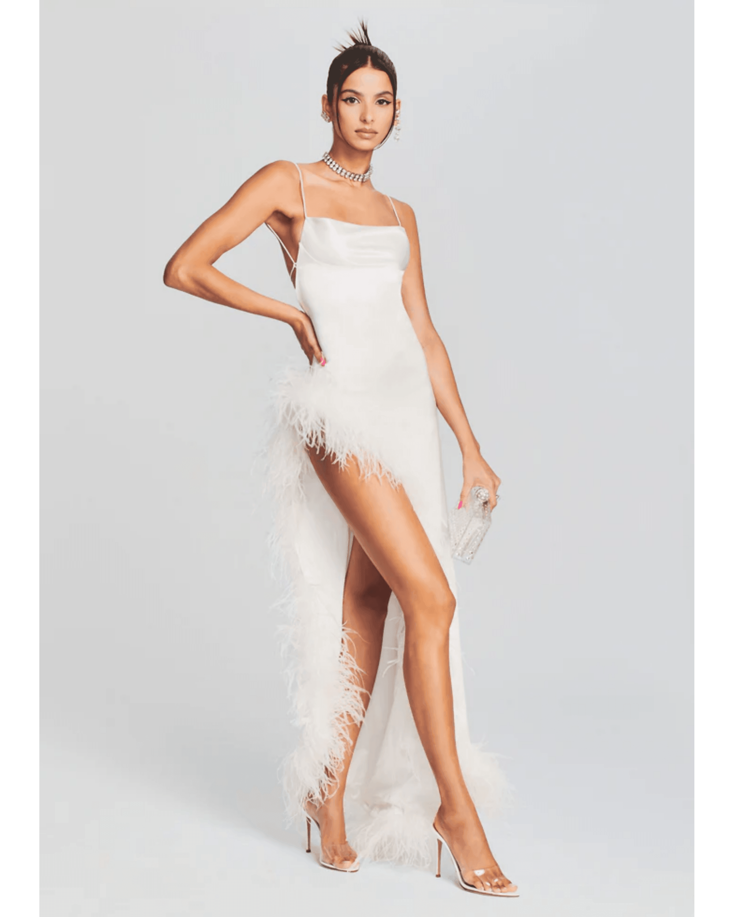 Priscilla Feather Dress in White - Endless - UAE Rental and Resale for Women's Fashion