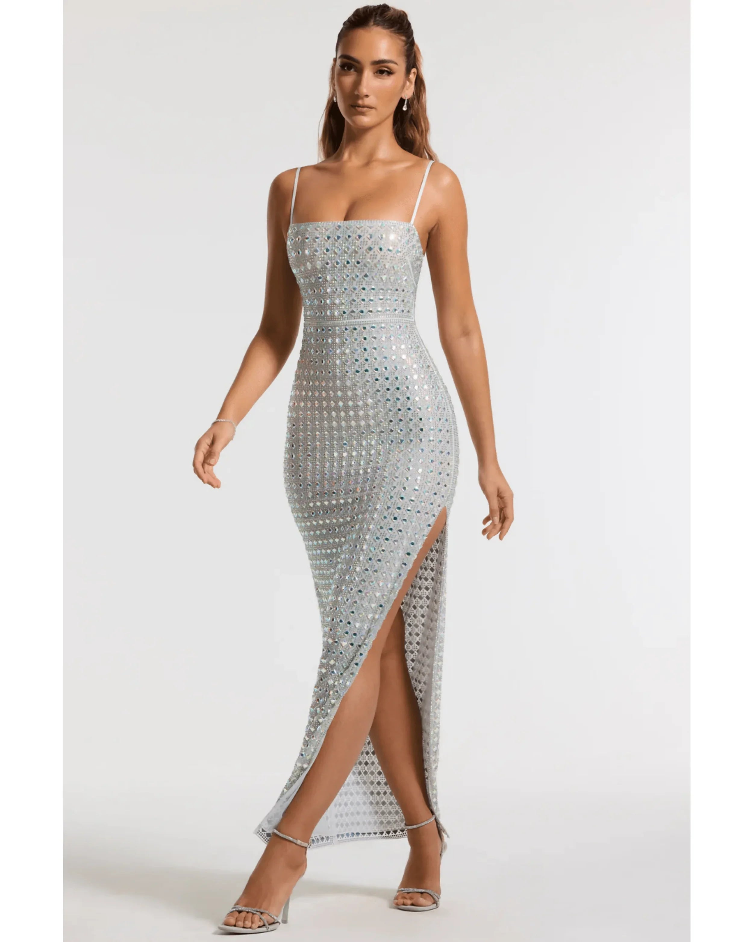 Prisha Embellished Square Neck Evening Gown in Silver - Endless - UAE Rental and Resale for Women's Fashion