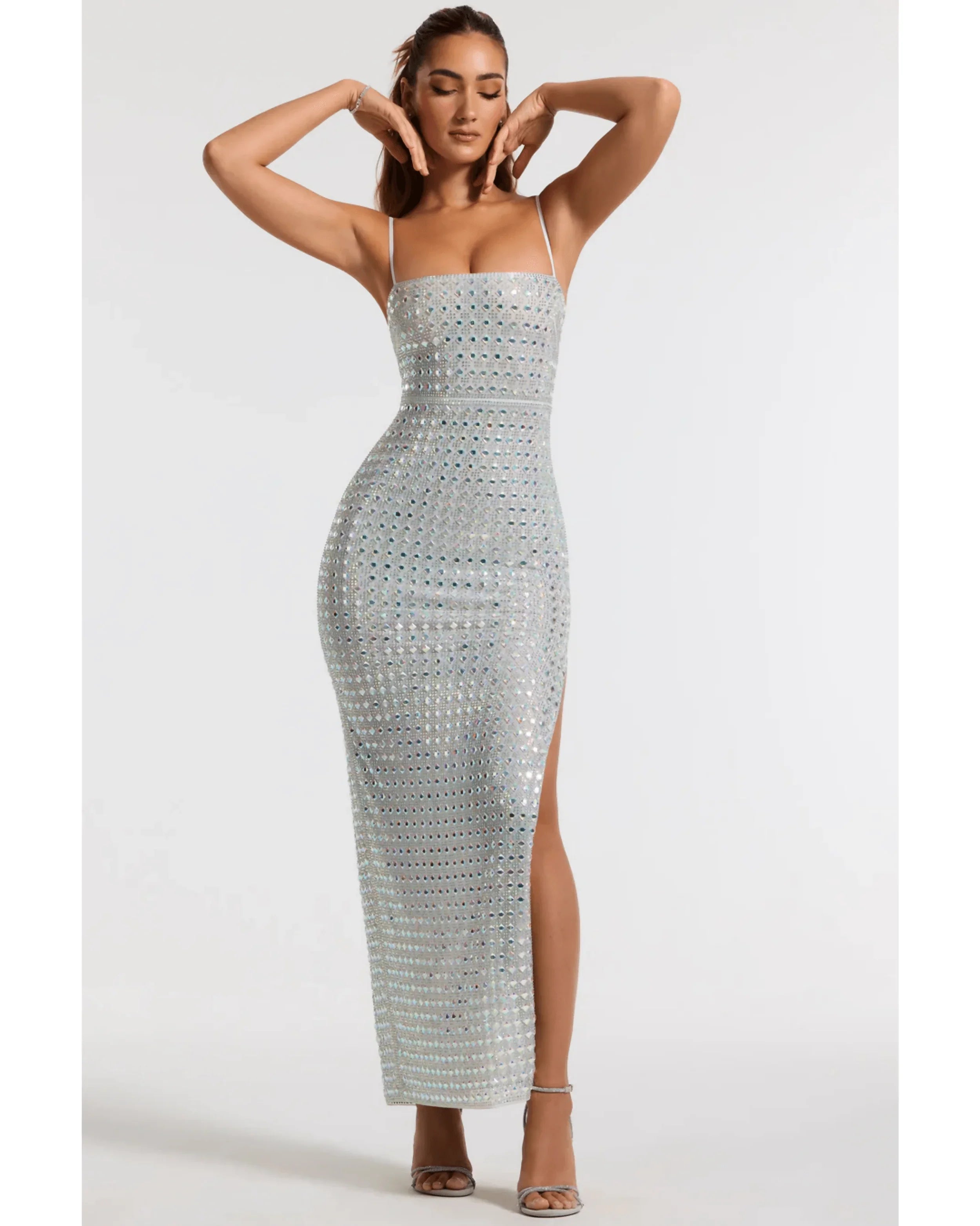 Prisha Embellished Square Neck Evening Gown in Silver - Endless - UAE Rental and Resale for Women's Fashion