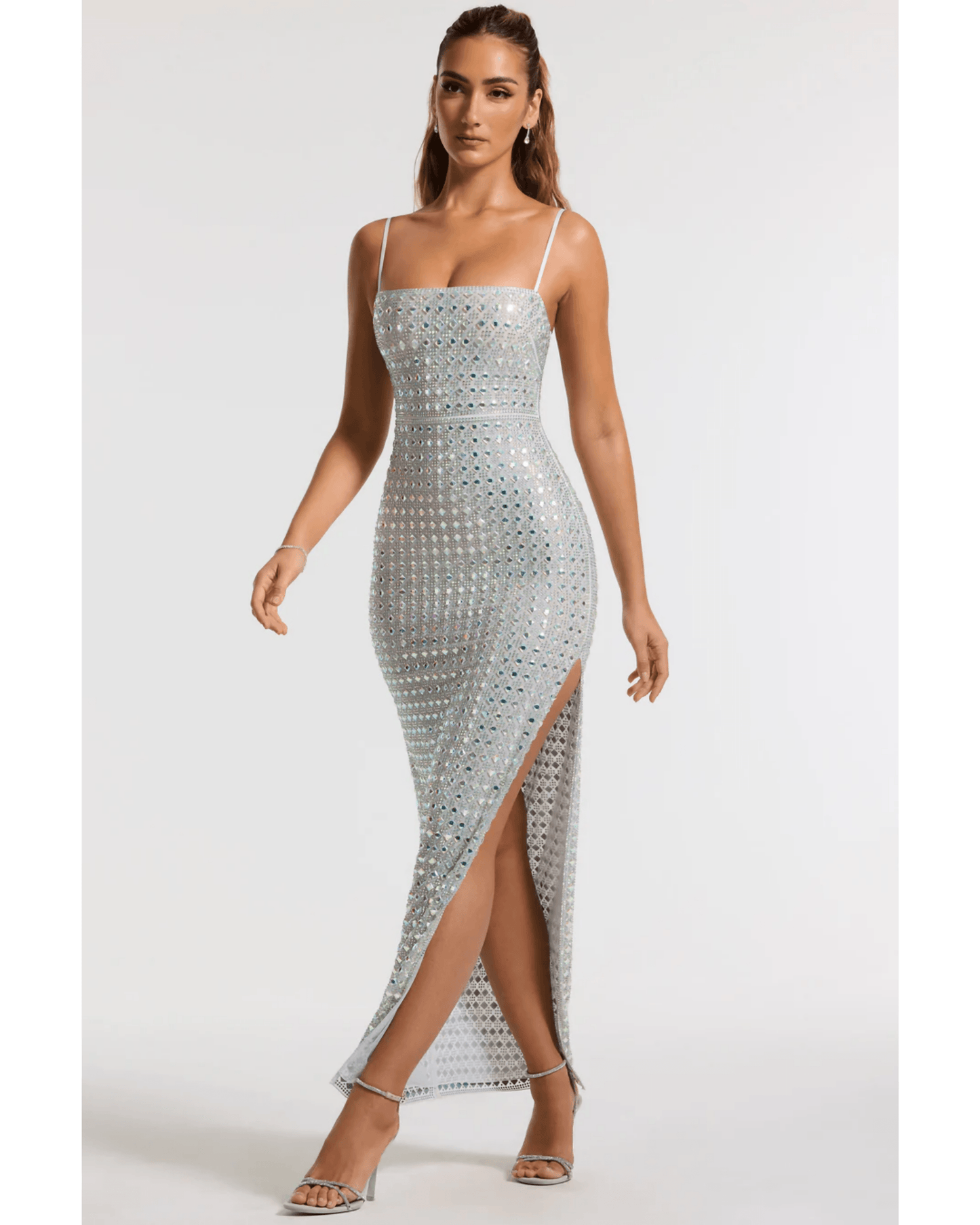 Prisha Embellished Square Neck Evening Gown in Silver - Endless