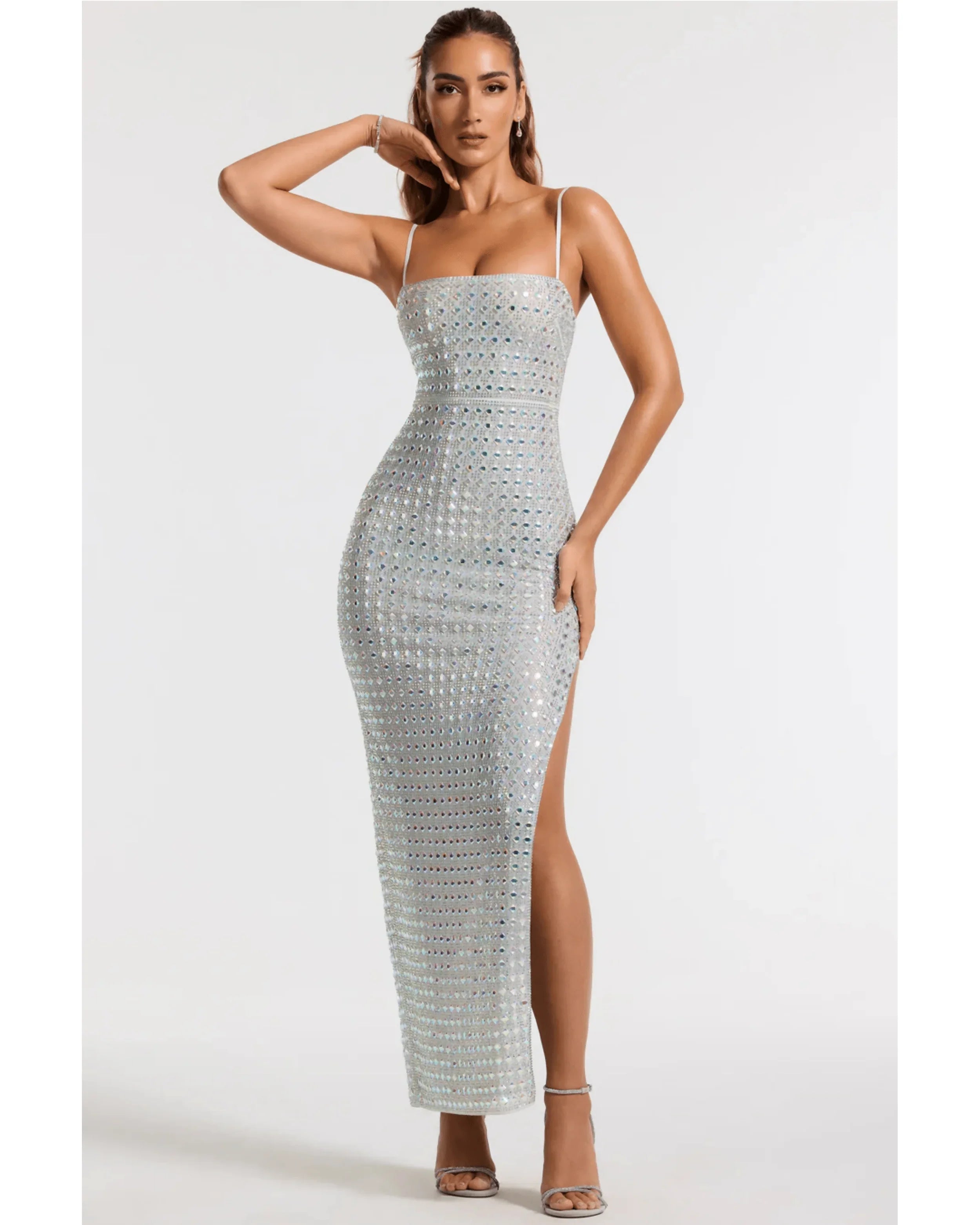 Prisha Embellished Square Neck Evening Gown in Silver - Endless - UAE Rental and Resale for Women's Fashion