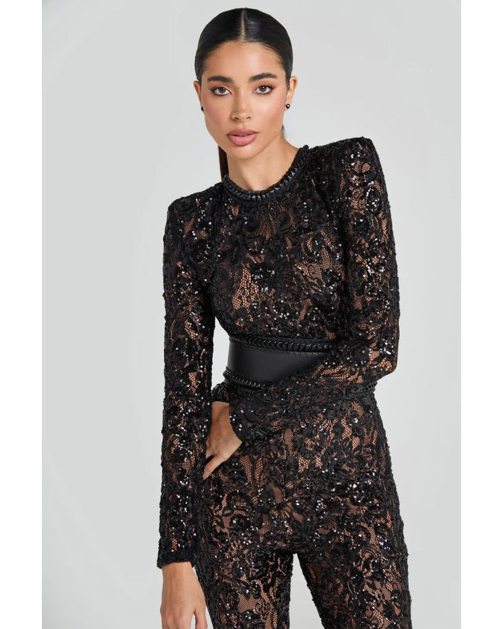 Black lace long-sleeve jumpsuit with studded belt and flared pants — Nadine Merabi | Endless UAE