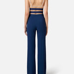 Navy high-waisted wide-leg trousers with logo plaque detail, back view showing full-length silhouette — Elisabetta Franchi | Endless UAE