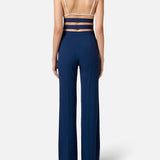 Navy high-waisted wide-leg trousers with logo plaque detail, back view showing full-length silhouette — Elisabetta Franchi | Endless UAE