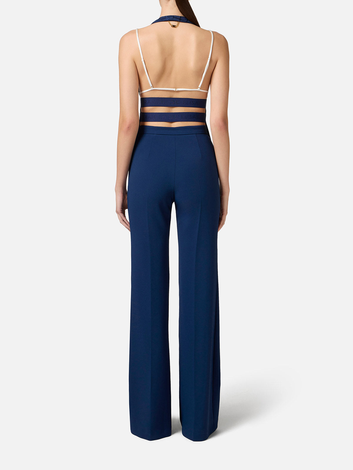 Navy high-waisted wide-leg trousers with logo plaque detail, back view showing full-length silhouette — Elisabetta Franchi | Endless UAE