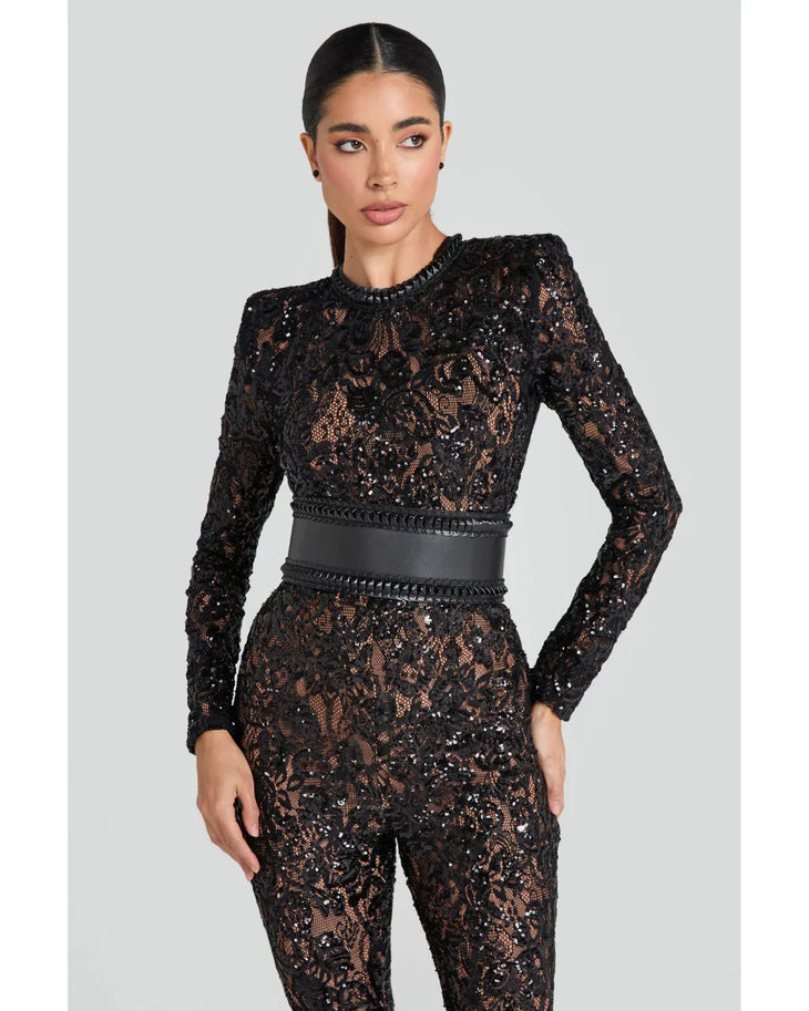 Black lace long-sleeve jumpsuit with studded belt and flared pants — Nadine Merabi | Endless UAE