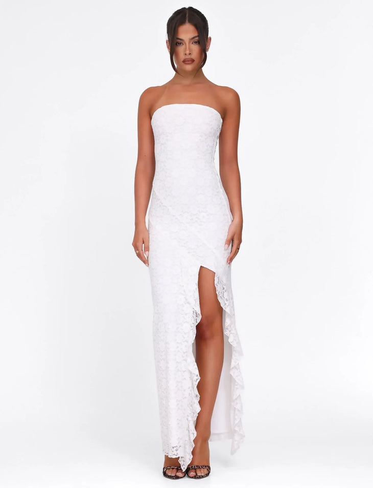 White lace strapless maxi dress with asymmetrical hem — Tiger Mist | Endless UAE