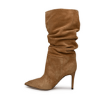 Camel brown velour suede slouchy mid-calf boots with pointed toe and stiletto heel — Paris Texas | Endless UAE