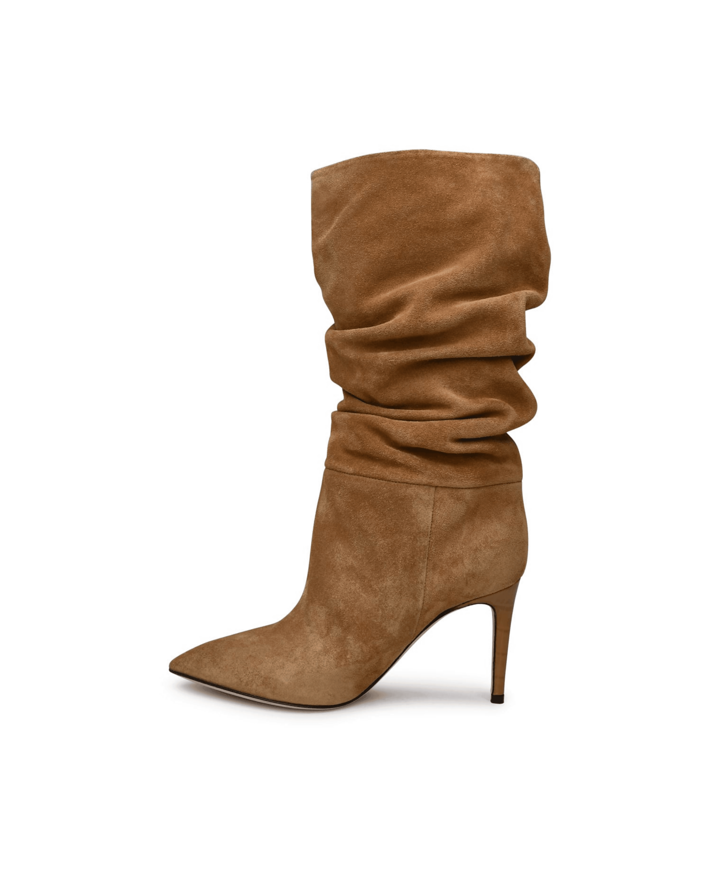 Camel brown velour suede slouchy mid-calf boots with pointed toe and stiletto heel — Paris Texas | Endless UAE