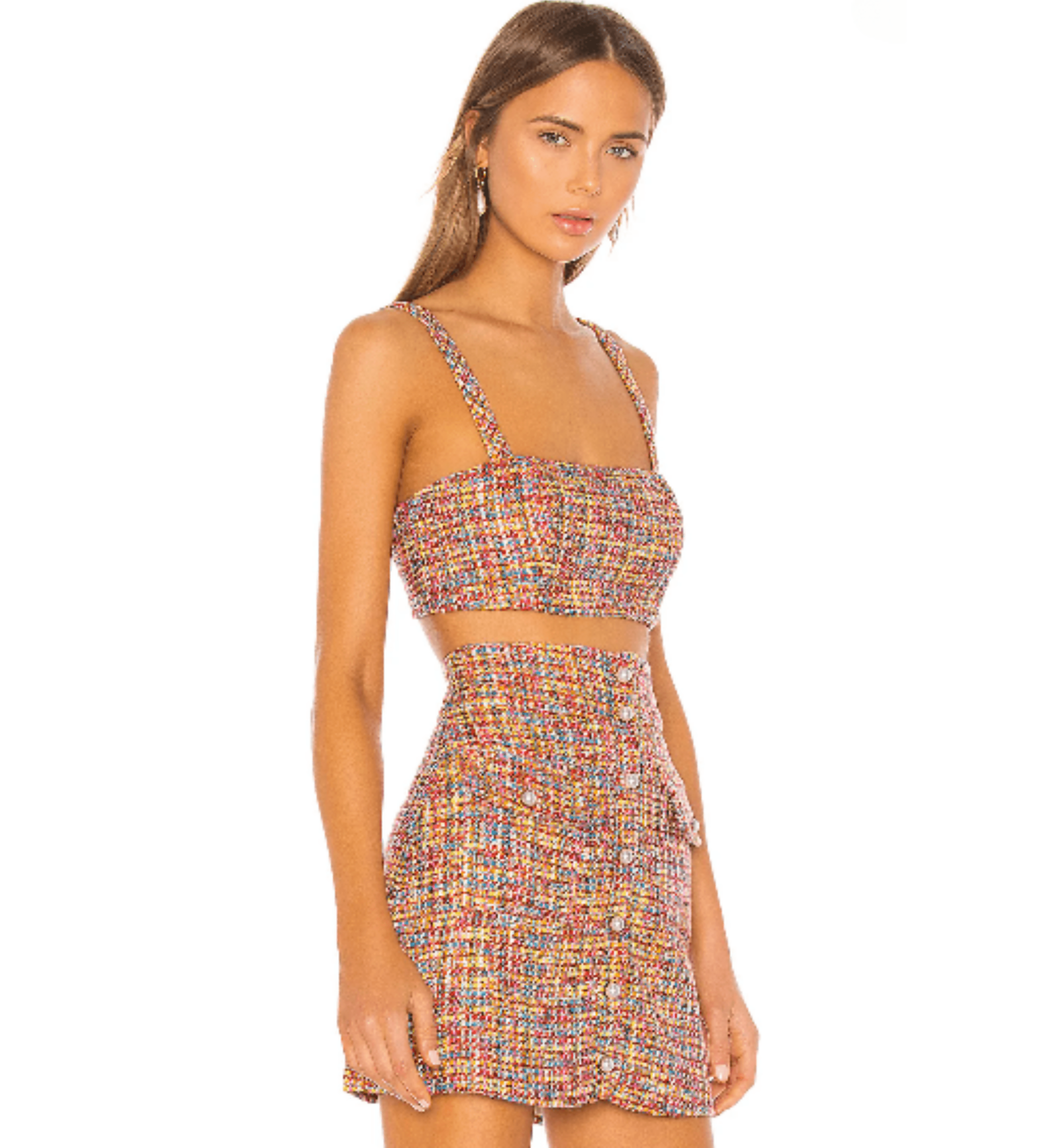 Multicolored tweed crop top with thick straps and sweetheart neckline — Song of Style | Endless UAE