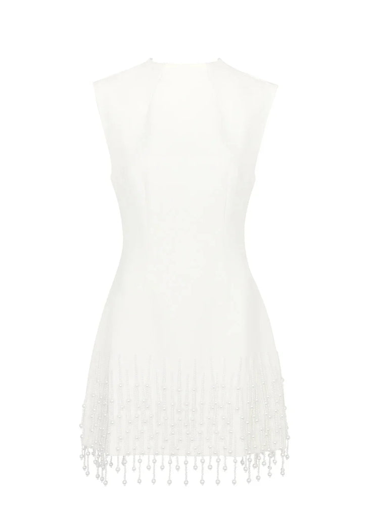 Woman wearing white sleeveless dress with pearl beaded fringe hem — Odd Muse | Endless UAE