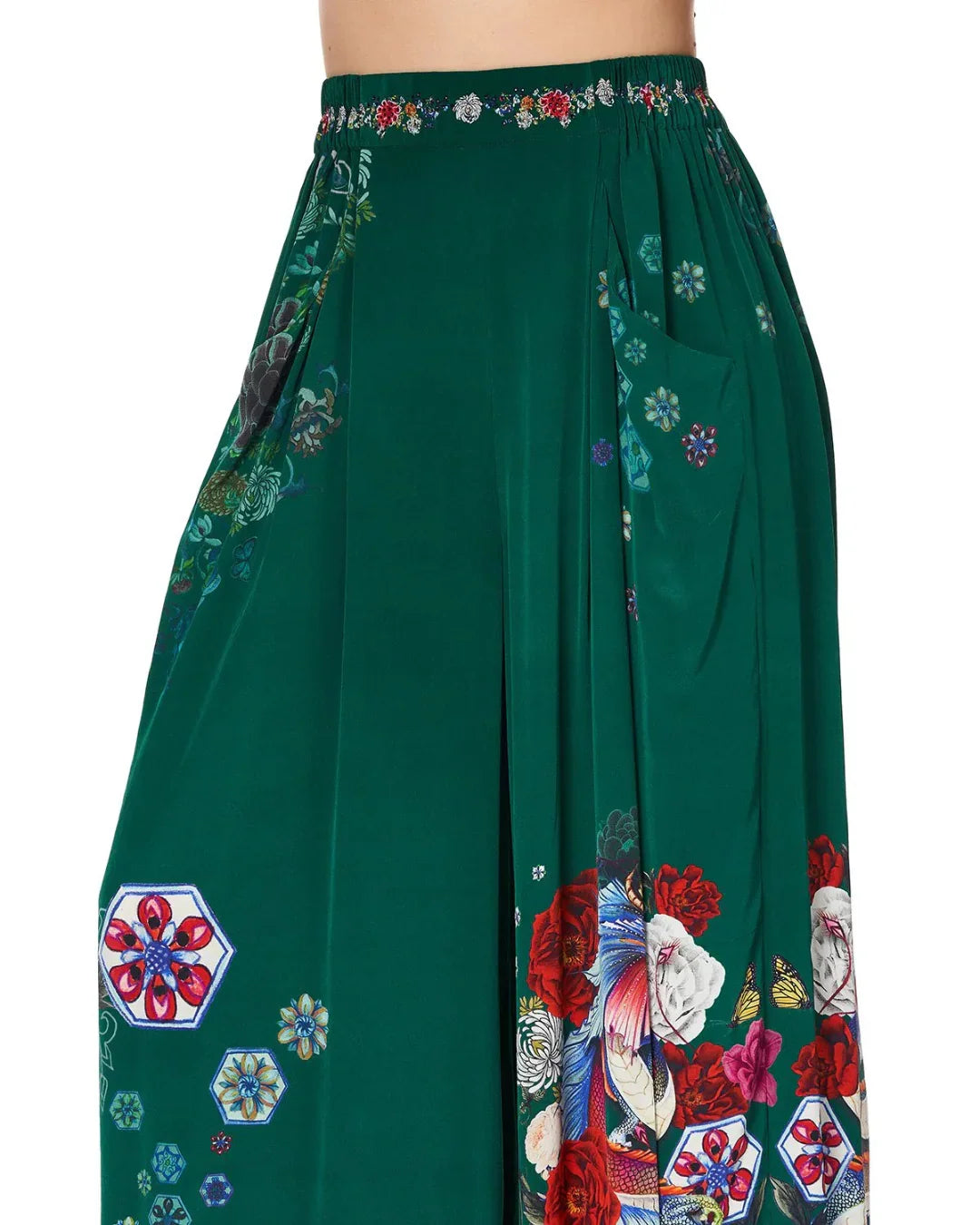 Emerald Wide Leg Pant with Gathered Pockets and Floral Print — Camilla | Endless UAE