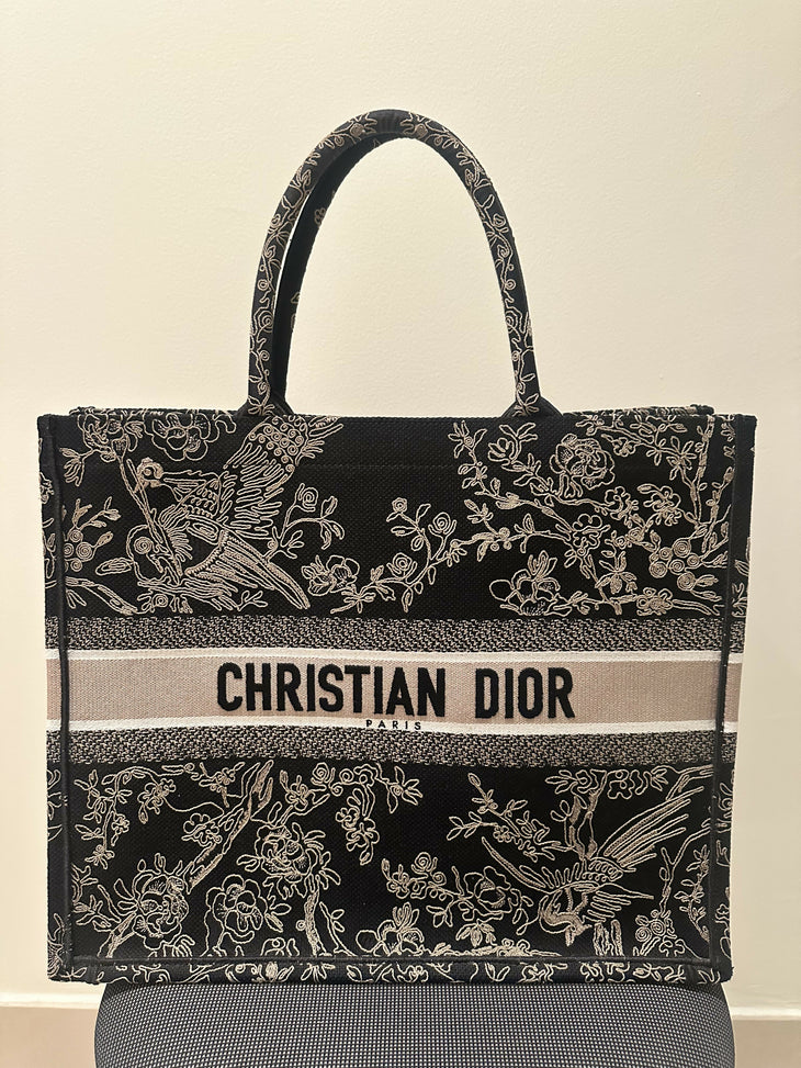 Black embroidered tote bag with gold floral bird motifs and Christian Dior Paris branded canvas stripe — Christian Dior | Endless UAE