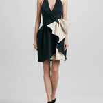 Black and beige satin halter cocktail dress with ruffled front detail — Halston Heritage | Endless UAE