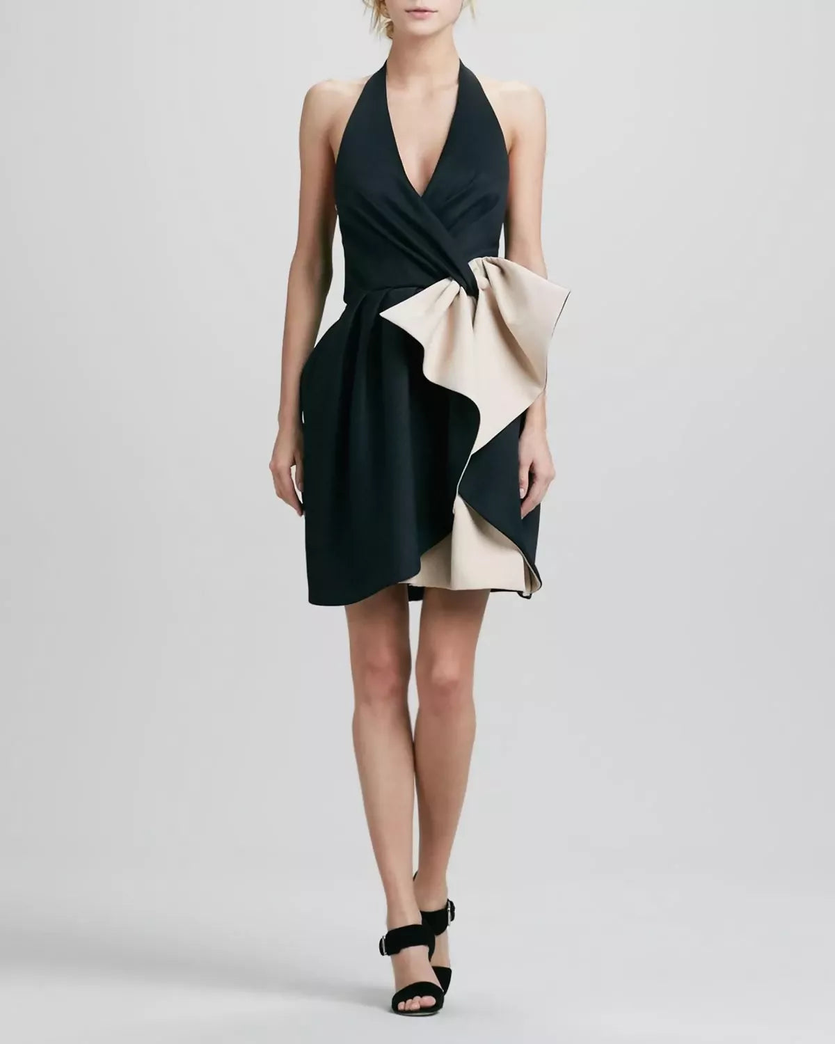 Black and beige satin halter cocktail dress with ruffled front detail — Halston Heritage | Endless UAE