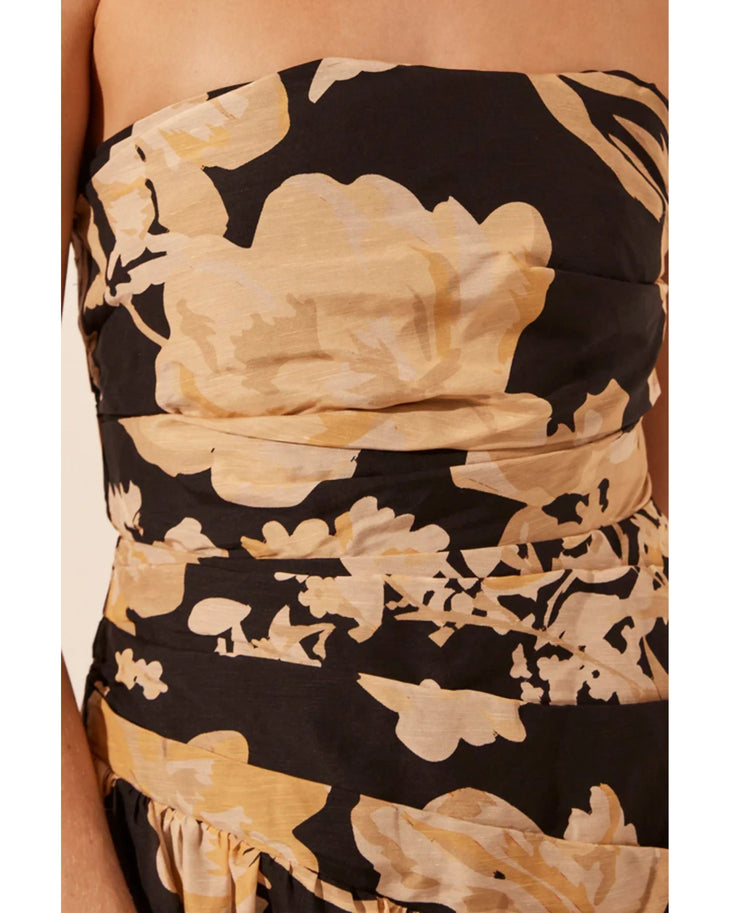 Xenia Strapless Tiered Maxi Dress in black and tan floral print — Shona Joy | Endless UAE