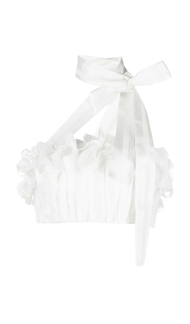 White linen crop top with tie shoulder straps and scalloped floral embroidered trim — Zimmermann | Endless UAE