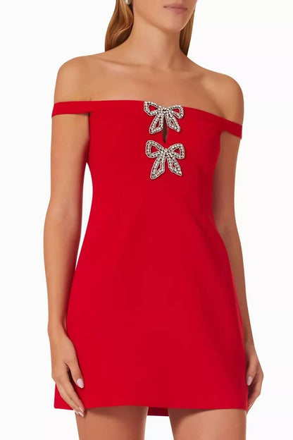 Red Embellished Bow Mini Dress - Endless