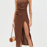 Clemente Linen Dress in brown with ruched detailing and high slit — Reformation | Endless UAE