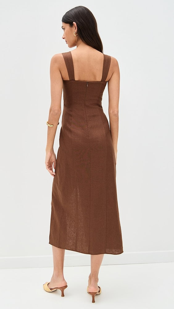 Clemente Linen Dress in brown with ruched detailing and high slit — Reformation | Endless UAE
