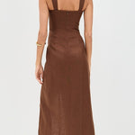 Clemente Linen Dress in brown with ruched detailing and high slit — Reformation | Endless UAE