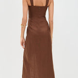 Clemente Linen Dress in brown with ruched detailing and high slit — Reformation | Endless UAE