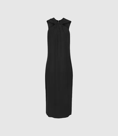 Black sleeveless halterneck midi dress with gathered neckline detail and relaxed silhouette — Reiss | Endless UAE