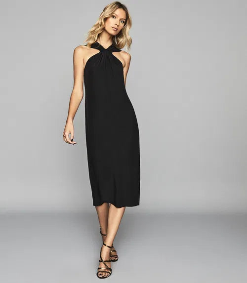 Black halterneck midi dress with twisted neckline detail and flowing silhouette — Reiss | Endless UAE