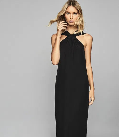 Black halterneck maxi dress with twisted neckline detail, sleeveless silhouette and elegant floor-length cut — Reiss | Endless UAE