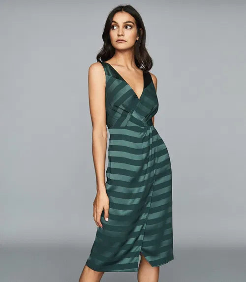 Elegant green striped wrap dress with V-neckline and tie waist detail, shown on model — Reiss | Endless UAE