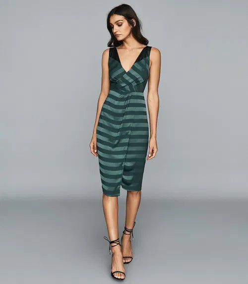 Elegant knee-length dress featuring dark green striped pattern, V-neckline, sleeveless design and wrap front detail — Reiss | Endless UAE