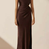 La Lune Gathered One Shoulder Maxi Dress in Cocoa