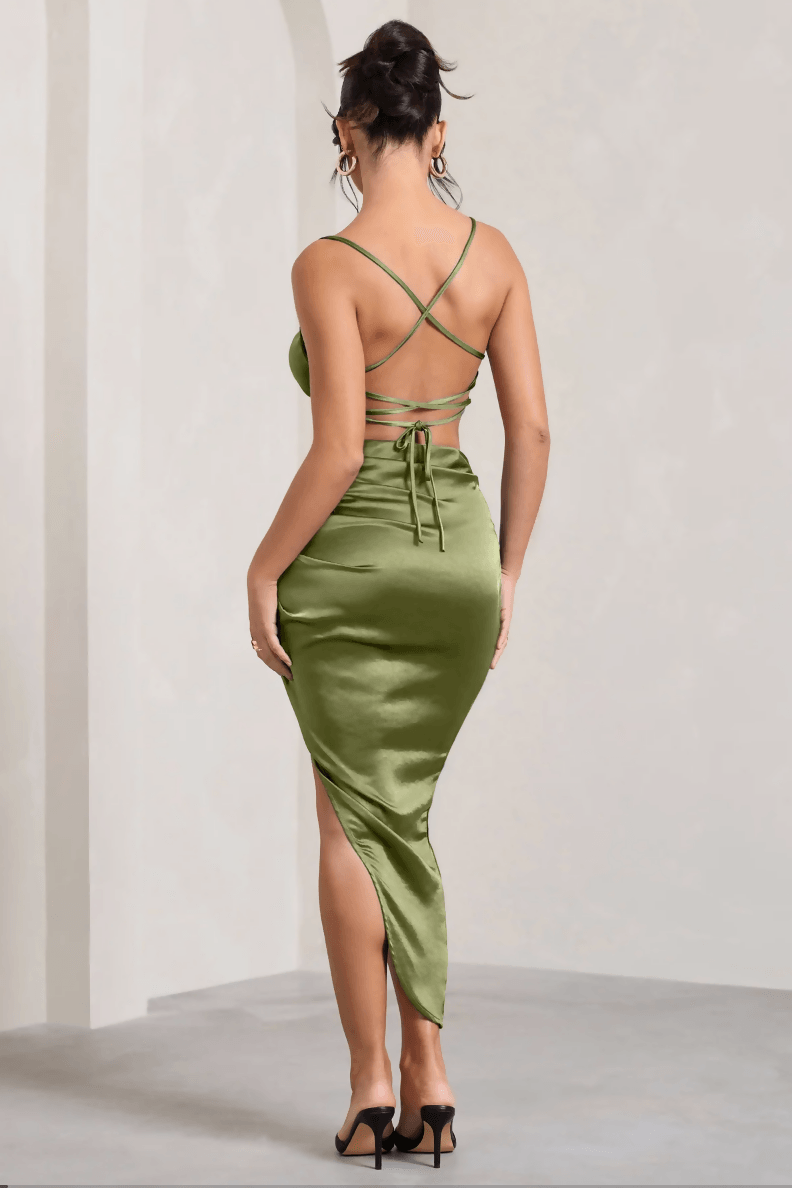 Risk it All Olive Cami Cowl Neck Asymmetric Hem Midi Dress - Endless