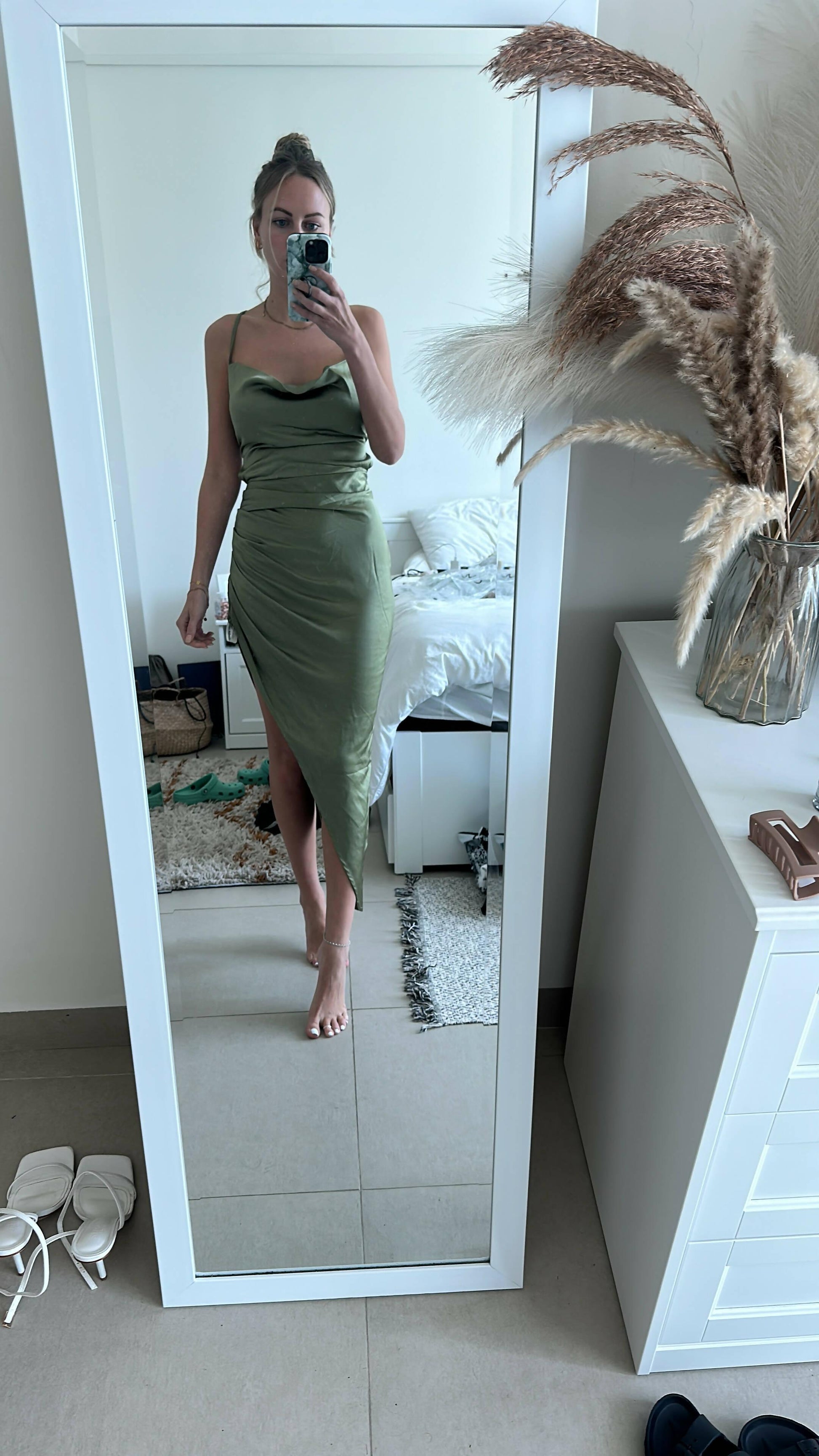 Risk it All Olive Cami Cowl Neck Asymmetric Hem Midi Dress - Endless