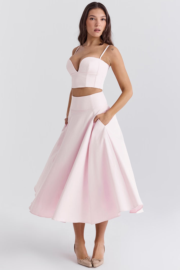 Pink two-piece ballerina set with structured bustier crop top and midi circle skirt with pockets — House of CB | Endless UAE
