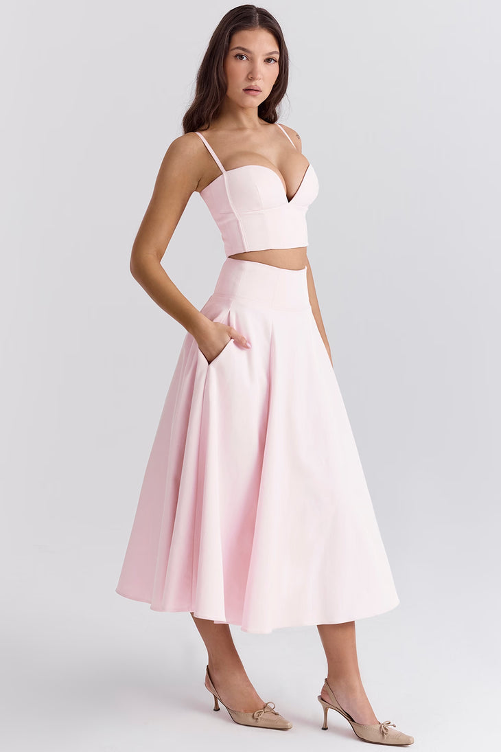 Elegant pink two-piece ballerina set with sweetheart crop top and midi A-line skirt with pockets — House of CB | Endless UAE