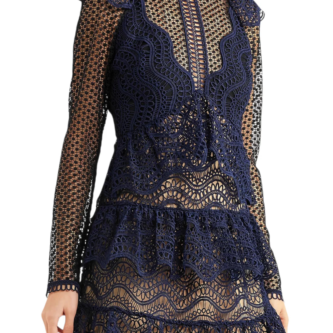 Navy blue crochet ruffled mini dress with long sleeves and layered lace details — Self-Portrait | Endless UAE