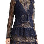 Navy blue crochet ruffled mini dress with long sleeves and layered lace details — Self-Portrait | Endless UAE