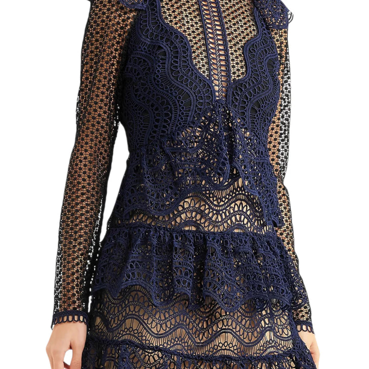 Navy blue crochet ruffled mini dress with long sleeves and layered lace details — Self-Portrait | Endless UAE